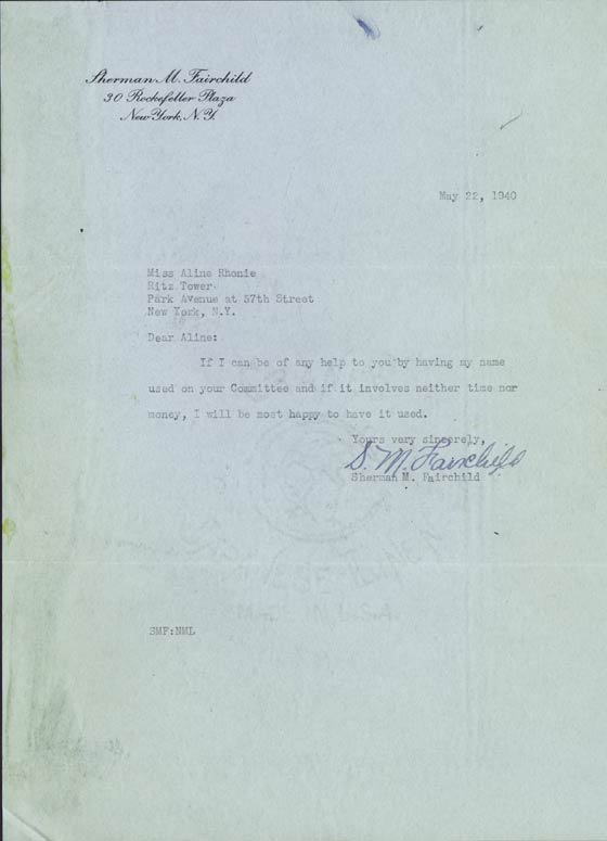 Letter from Sherman M. Fairchild, May 22, 1940 (Source: Roberts) 